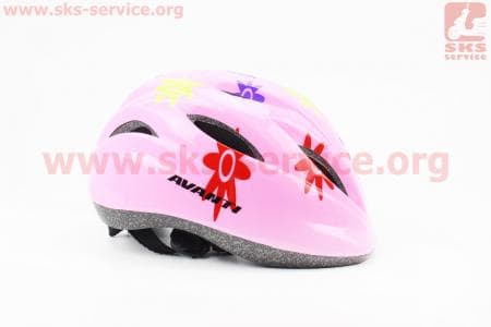Шлем велосипедный детский, 12 вент. отверстия, системы регулировки по размеру Divider и Run System SRS, розовый с цветочками  AV-021