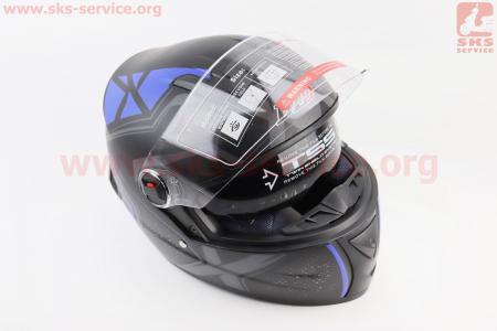 Шолом інтеграл, закритий+окуляри BLD-М61 S (55-56см), ЧОРНИЙ матовий з синьо-сірим малюнком