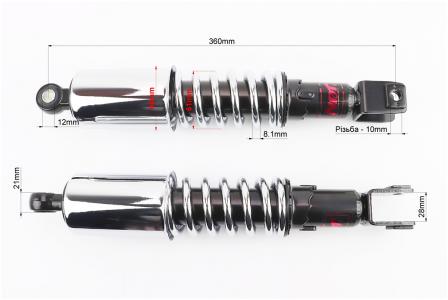 Амортизатор задній до мотоцикла МТ, УРАЛ, К-750 360mm, d-64mm, втулка 12mm, вилка 10mm, з регулювальним стаканом, хром, комплект 2шт
