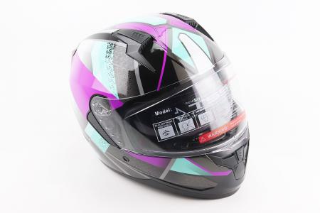 Шолом інтеграл до мотоцикла BLD-M67 L (59-60 см) BLD, чорний/фіолетово-бірюзовий, з відкидними окулярами, сертифікація DOT