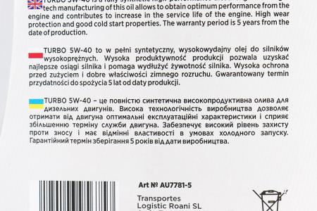 Моторна олива до дизельного двигуна 5W-40 DIESEL TURBO, 5L AUTOLIVE