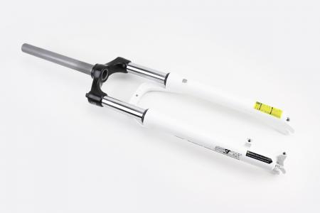 Вилка амортизаторна до велосипеда 27,5\" XCE 28, без різьби 1-1/8\", шток 255 мм, хід 80 мм, під дискове гальмо, з переднавантаженням, алюмінієва, біла SR Suntour