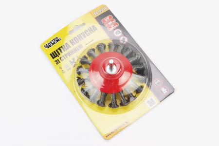 Щітка конусна зі стрижнем 1/4" D-100 мм плетений дріт MASTERTOOL