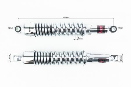 Амортизатор задній JH/CB/CG-340мм*d55 мм (втулка 12 мм / втулка 10 мм) регульов., хром. к-кт 2 шт до мопеда DELTA