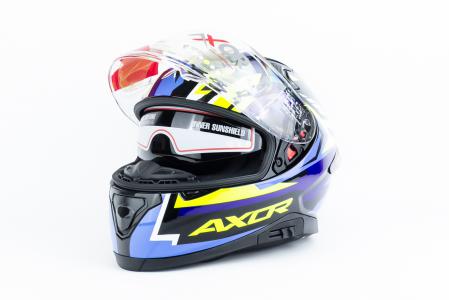 Шолом інтеграл з пинлоком (стандарт DOT/ECE), висувні окуляри APEX STREAK L (59-60см), чорно-синьо-салатовий