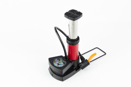 Насос ножний "підлоговий" алюмінієвий з манометром, 160 psi/11 bar, під штуцери Schrader&Presta, червоний до велосипеда