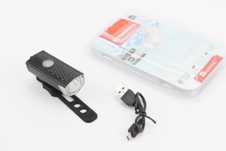 Ліхтар передній 1 діод 300 lumen алюмінієвий, Li-ion 3.7V 800mAh зарядка від USB, вологозахищений, чорний до велосипеда RPL-2255
