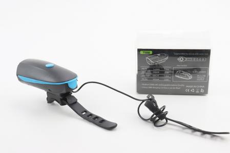 Ліхтар передній 1 діод+дзвінок 4 мелодії, Li-ion 3.7V 1200mAh зарядка від USB, вологостійкий, чорно-синій до велосипеда FY-058/7588