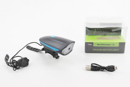 Ліхтар передній 1 діод+дзвінок 4 мелодії, Li-ion 3.7V 1200mAh зарядка від USB, вологостійкий, чорно-синій до велосипеда FY-058/7588