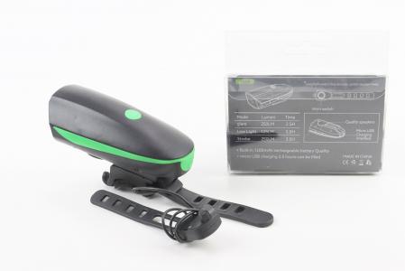 Ліхтар передній 1 діод+дзвінок 4 мелодії, Li-ion 3.7V 1200mAh зарядка від USB, вологозахищений, чорно-зелений до велосипеда FY-058/7588