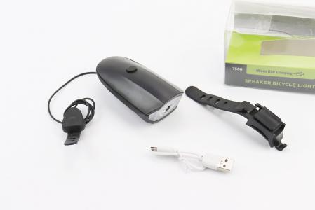 Ліхтар передній 1 діод+дзвінок 4 мелодії, Li-ion 3.7V 1200mAh зарядка від USB, вологостійкий, чорний до велосипеда FY-058/7588