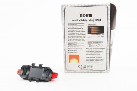 Ліхтар задній 5 діодів 15 lumen, Li-ion 3.7V 330mAh зарядка від USB, вологозахисний, BS-216/DС-918 до велосипеда