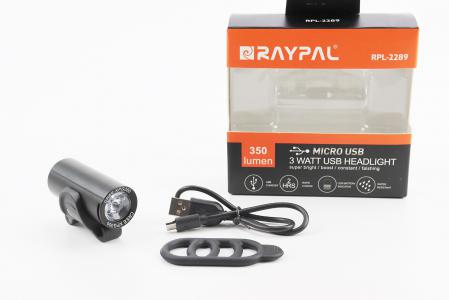 Ліхтар передній 1 діод 350 lumen алюмінієвий, Li-ion 3.7V 1200mAh зарядка від USB, вологозахищений, чорний до велосипеда RPL-2289