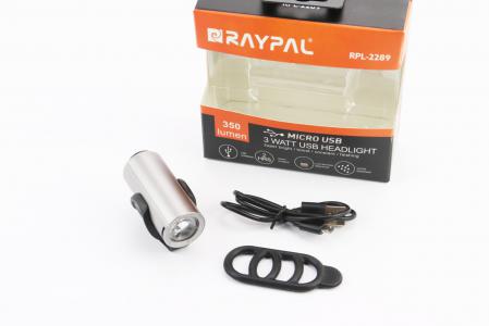 Ліхтар передній 1 діод 350 lumen алюмінієвий, Li-ion 3.7V 1200mAh зарядка від USB, вологозахищений, сірий до велосипеда RPL-2289
