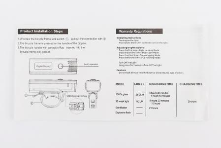 Ліхтар передній 1 діод 250 lumen алюмінієвий, Li-ion 3.7V 1500mAh зарядка від USB, Датчик Світла, вологозахищений, чорний до велосипеда EOS220