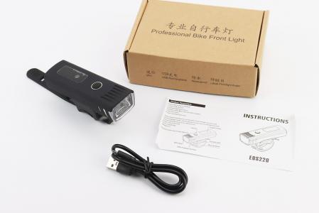 Ліхтар передній 1 діод 250 lumen алюмінієвий, Li-ion 3.7V 1500mAh зарядка від USB, Датчик Світла, вологозахищений, чорний до велосипеда EOS220