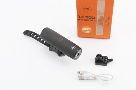 Ліхтар передній 1 діод 300 lumen алюмінієвий, Li-ion 3.7V 2200mAh зарядка від USB, вологостійкий, чорний до велосипеда TX 300
