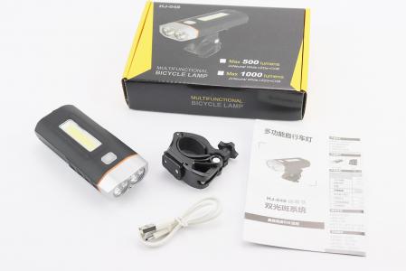 Ліхтар передній 2+1 діода 500 lumen+Power Bank, Li-ion 3.7V 4000mAh зарядка від USB, вологозахисний, чорно-сірий до велосипеда HJ-048