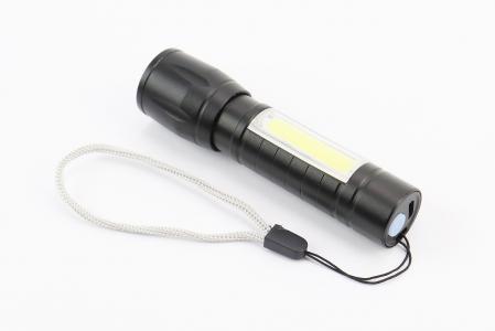 Ліхтар 1 LED+COB 300 lumen ручний, алюмінієвий, Li-ion 3.7V 450mAh зарядка від USB, вологостійкий, у пластиковому боксі, чорний до велосипеда