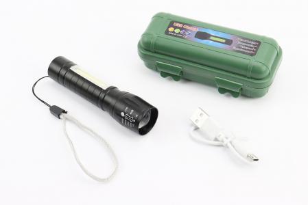Ліхтар 1 LED+COB 300 lumen ручний, алюмінієвий, Li-ion 3.7V 450mAh зарядка від USB, вологостійкий, у пластиковому боксі, чорний до велосипеда