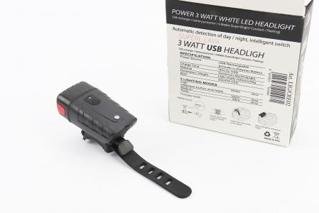 Ліхтар передній 1 діод 200 lumen, Li-ion 3.7V 800mAh зарядка від USB, Датчик Світла, вологозахисний, чорний PNK до велосипеда
