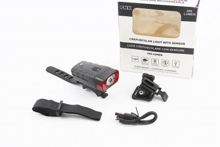 Ліхтар передній 1 діод 200 lumen, Li-ion 3.7V 800mAh зарядка від USB, Датчик Світла, вологозахисний, чорний PNK до велосипеда