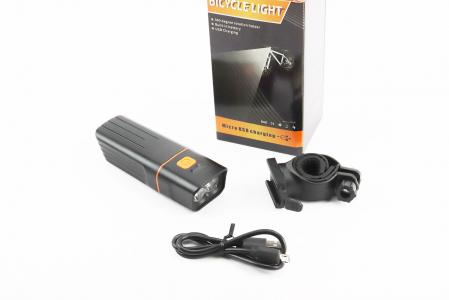 Ліхтар передній 2 діоди+Power Bank, Li-ion 3.7V 2000mAh зарядка від USB, вологозахисний, чорний до велосипеда TK2