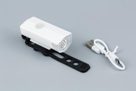 Ліхтар передній 1 діод 300 lumen алюмінієвий, Li-ion 3.7V 800mAh зарядка від USB, вологозахисний, білий до велосипеда