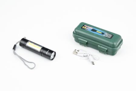 Ліхтар 1 LED+COB 300 lumen ручний, алюмінієвий, Li-ion 3.7V 450mAh зарядка від USB, вологостійкий, в пластиковому боксі, чорний до велосипеда BL-510