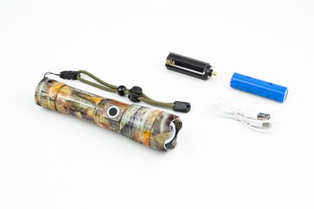 Ліхтар LED Р50 (Zoom) 700 lumen ручний, алюмінієвий, Акумулятор Li-ion 3.7V 18650 зарядка від USB, вологозахищений, камуфляжне забарвлення до велосипеда RB-263