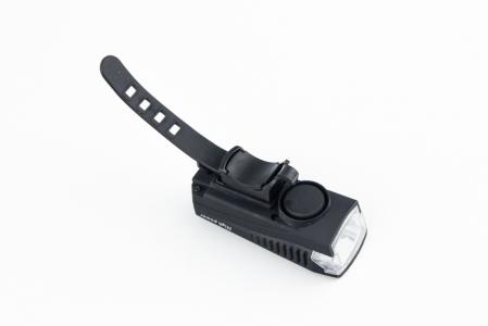 Ліхтар передній 1 діод 350 lumen+дзвінок 5 мелодій, Li-ion 3.7V 1200mAh зарядка від USB, вологозахисний, чорний HJ-0011 до велосипеда