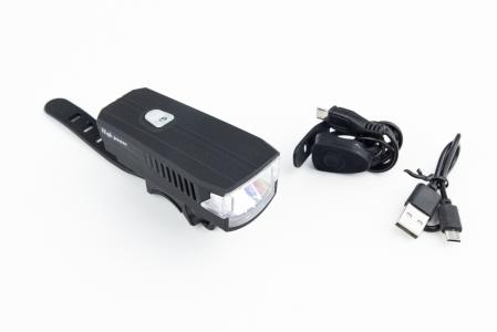 Ліхтар передній 1 діод 350 lumen+дзвінок 5 мелодій, Li-ion 3.7V 1200mAh зарядка від USB, вологозахисний, чорний HJ-0011 до велосипеда