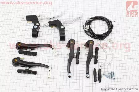 Тормоз V-brake задний+передний в сборе 110мм, рычаги+троса, алюминиевые, черные для велосипеда