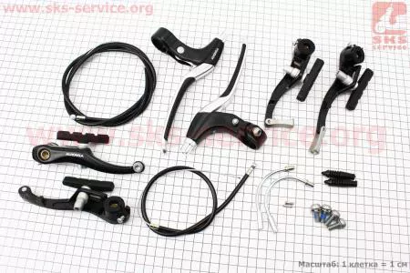 Тормоз V-brake задний+передний в сборе 110мм, рычаги+троса, алюминиевые, черные для велосипеда